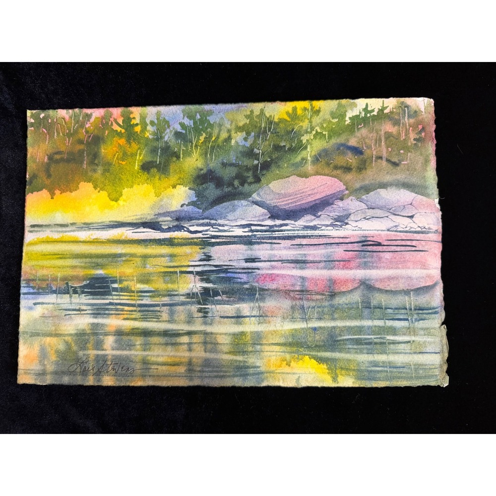 Lois Stevens Original Watercolor Painting Landscape Lake Trees‎ Signed 7.5x11.5